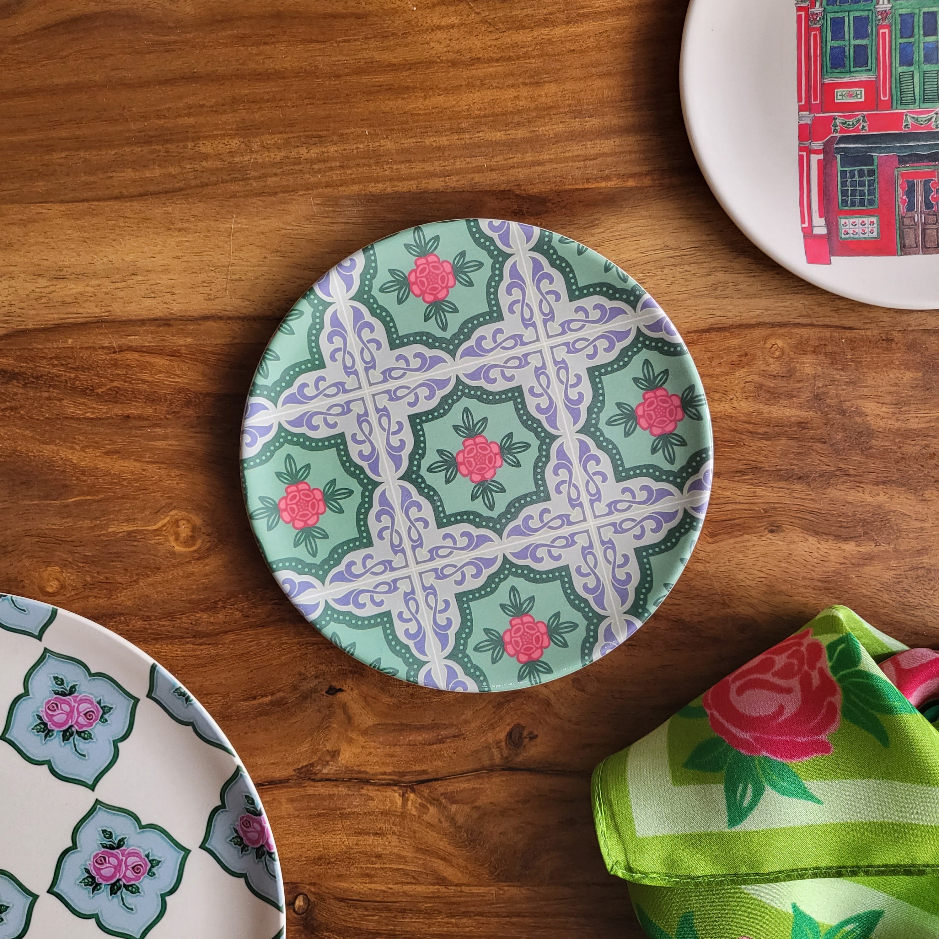 Assiette en bambou Carreaux Peranakan - Rose Gris