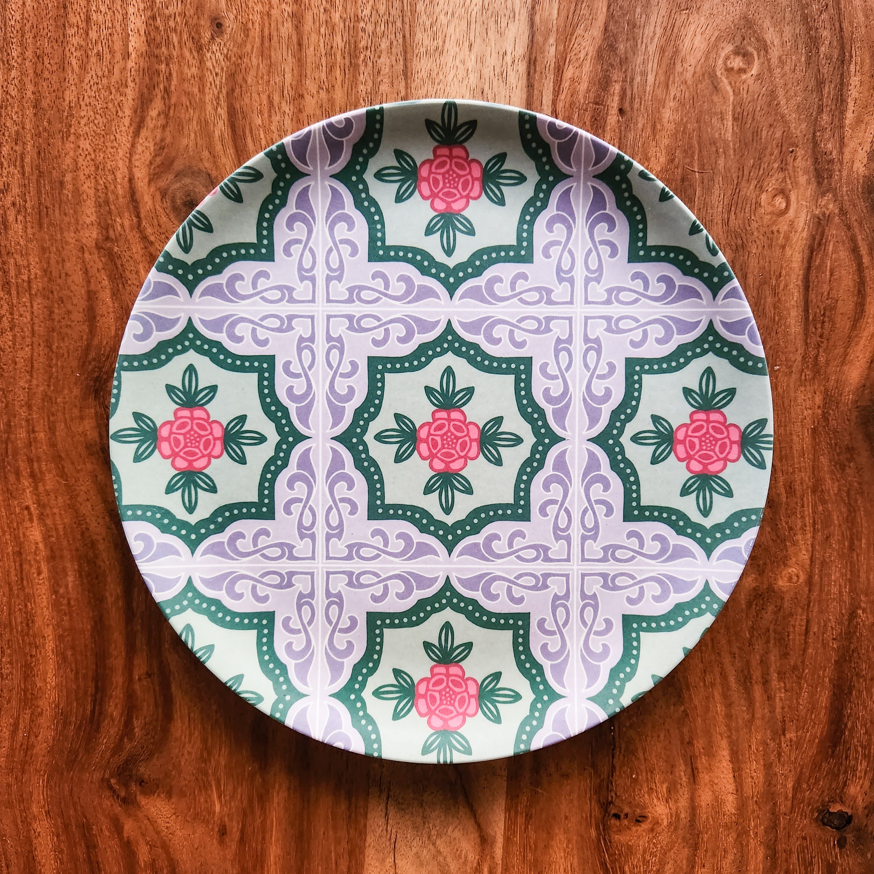 Assiette en bambou Carreaux Peranakan - Rose Gris