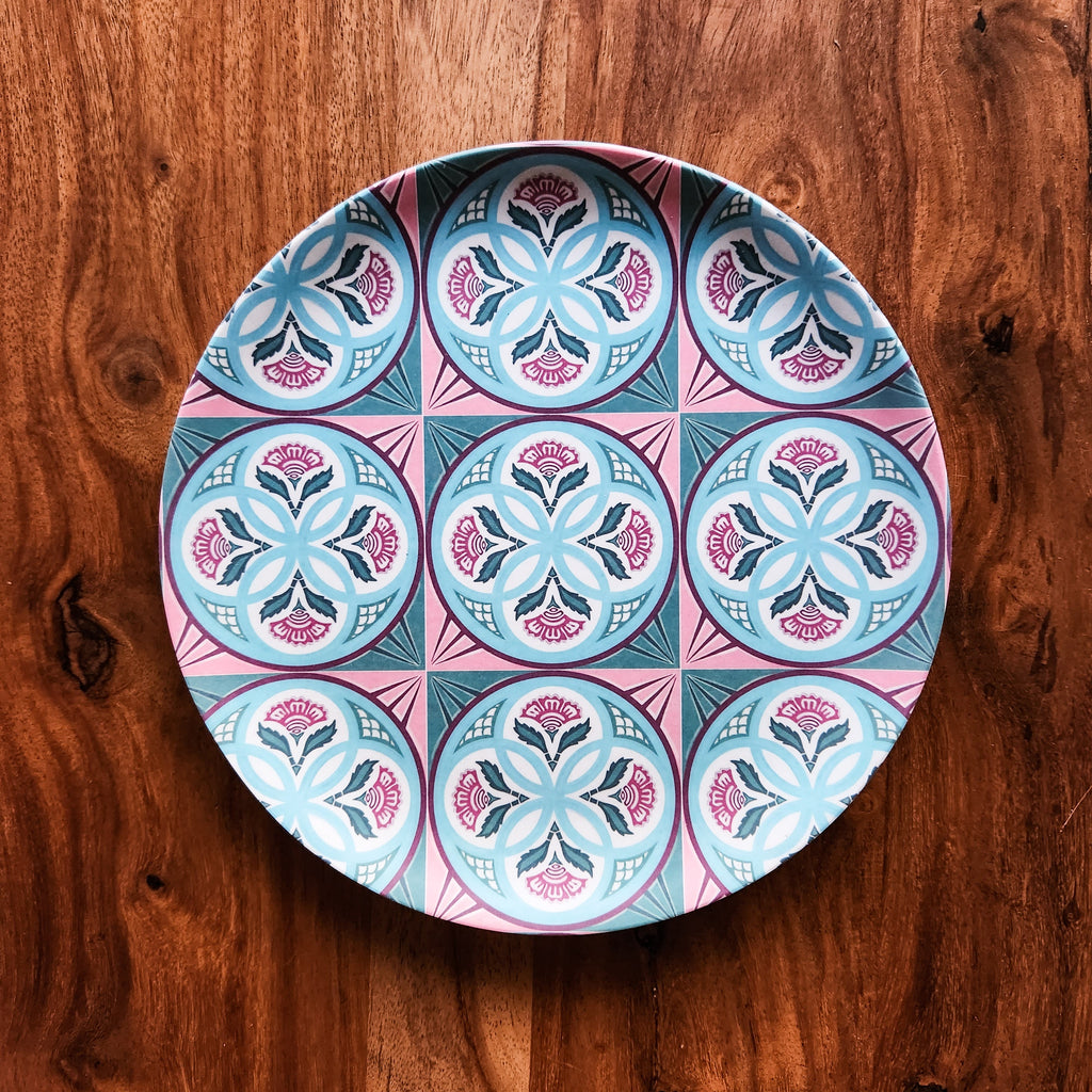 Assiette en bambou Carreaux Peranakan - Fleur 4 cercles