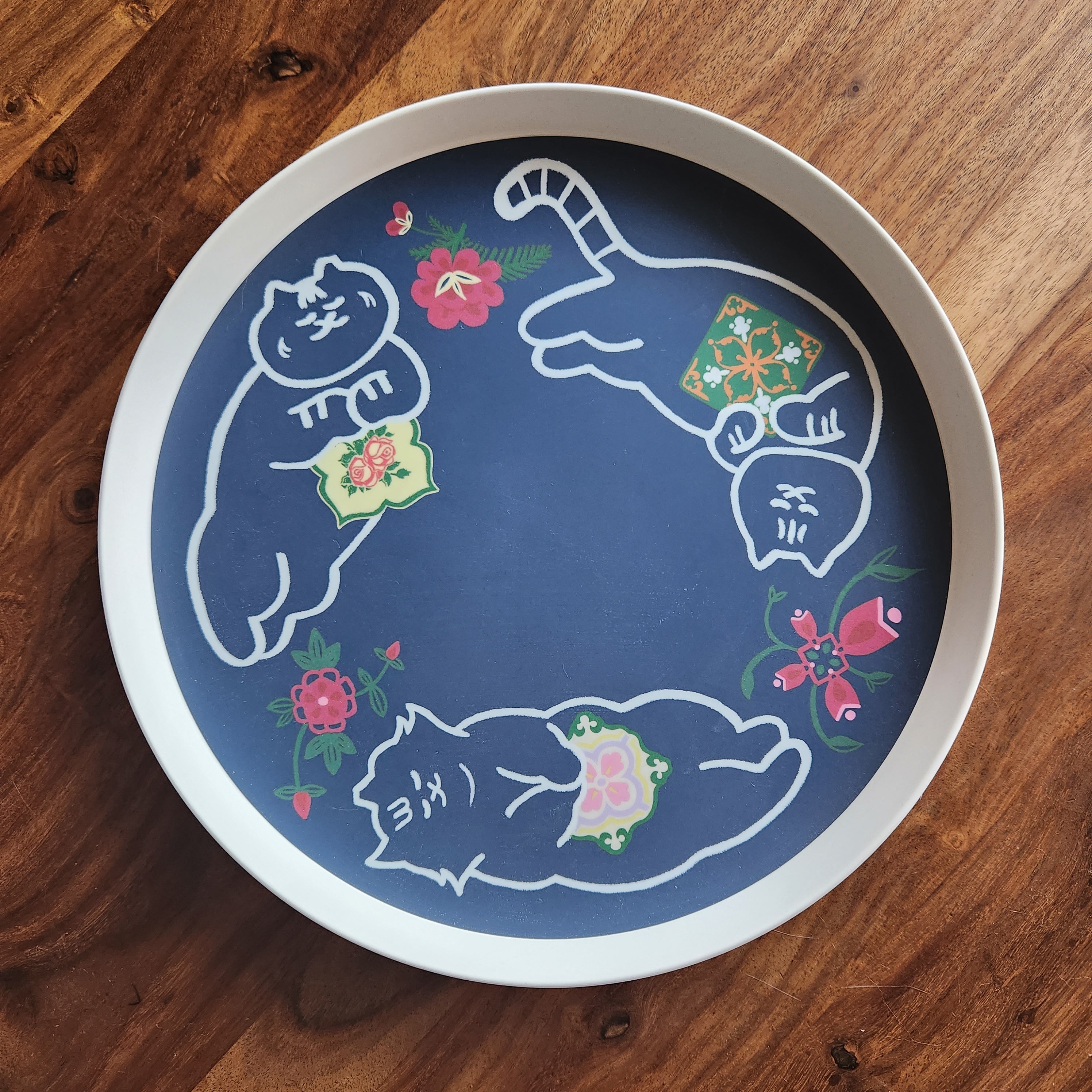 Plateau en bambou Trois chats - Flore et chatons Peranakan
