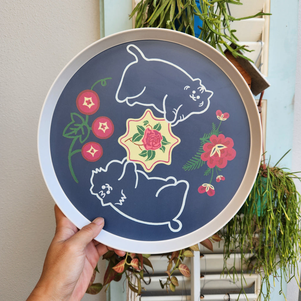 Peranakan Flora & Chats - Plateau en bambou Chats jumeaux