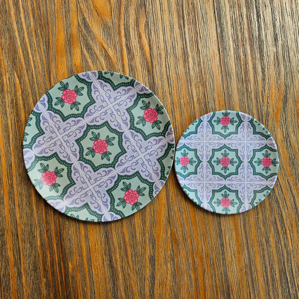 Assiette en bambou Carreaux Peranakan - Rose Gris