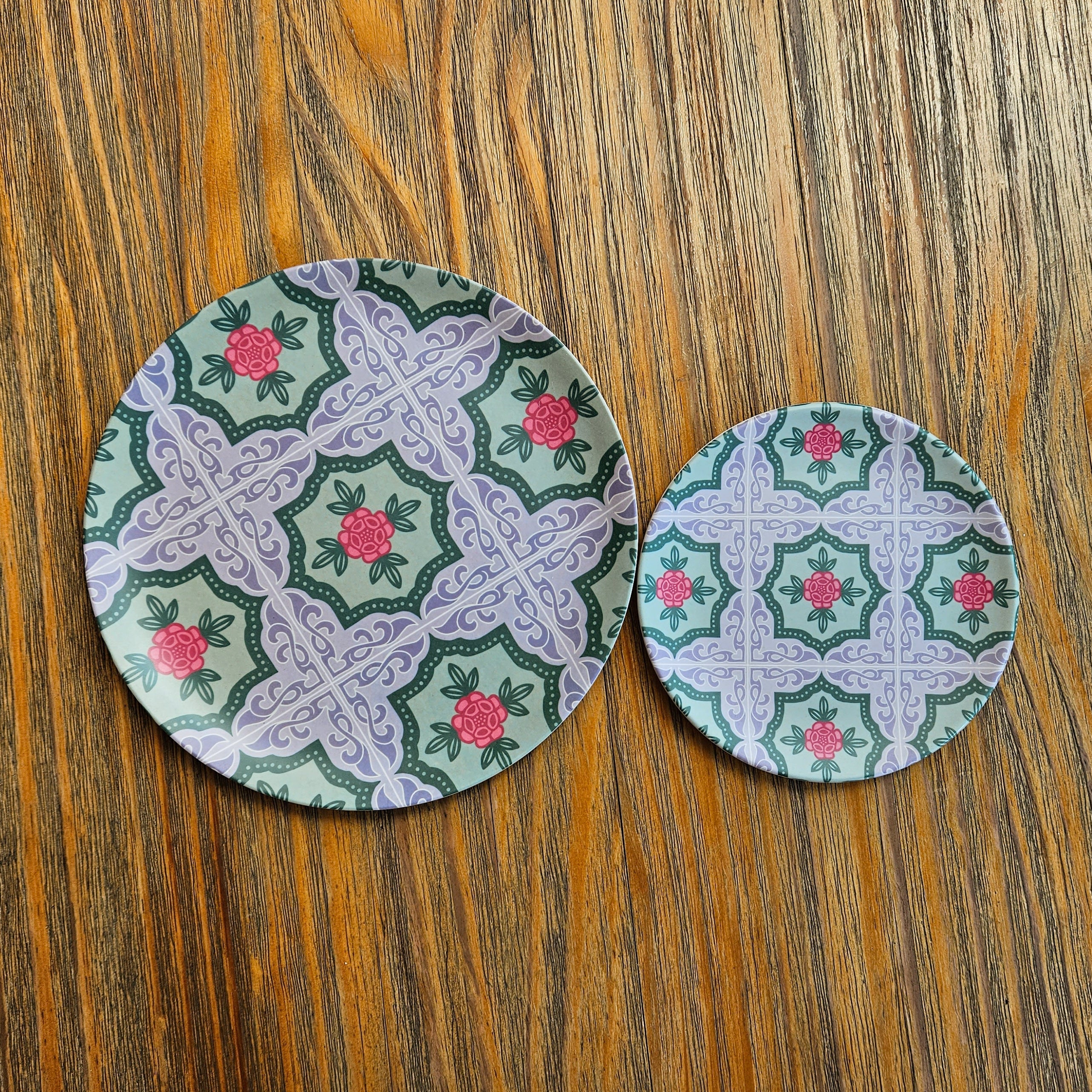 Assiette en bambou Carreaux Peranakan - Rose Gris