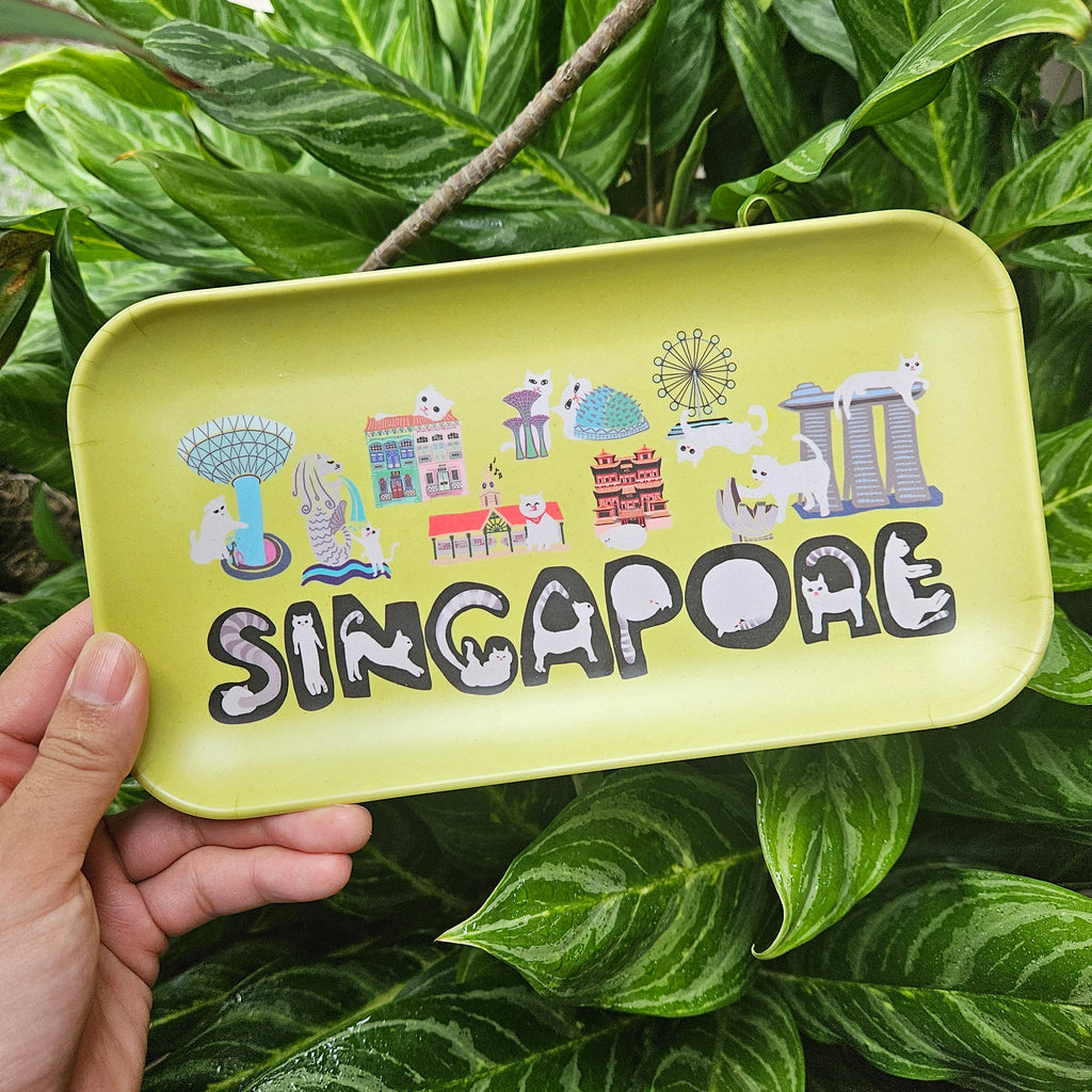 Plateau en bambou Naughty Kitty et monuments de Singapour