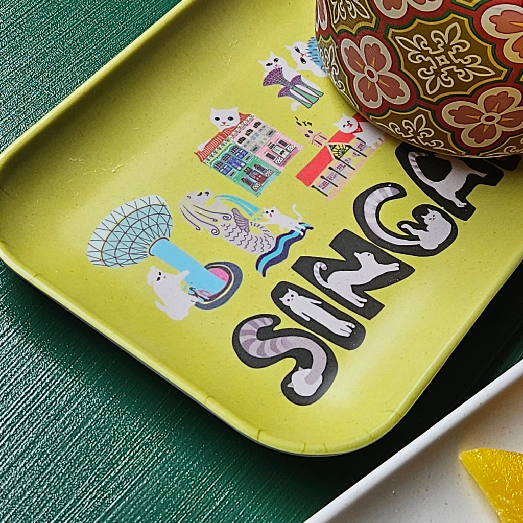 Plateau en bambou Naughty Kitty et monuments de Singapour