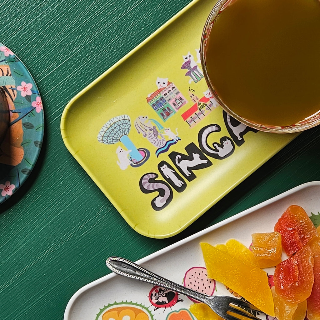 Plateau en bambou Naughty Kitty et monuments de Singapour